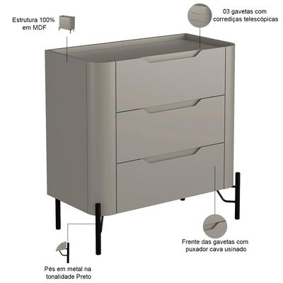 Mesa De Cabeceira Orgânica 3 Gavetas Pés Industrial Preto Bliss I03 Grigio - Lyam Decor
