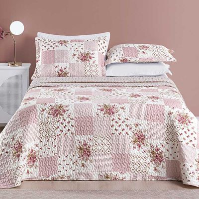 Kit Cobre Leito Colcha Dallas Queen Dupla Face Estampada 3 Peças - Rosa Matura Patchwork