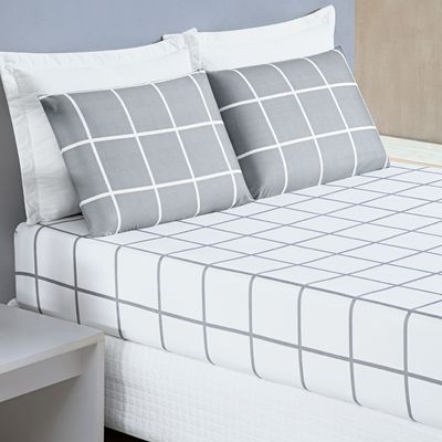 Jogo Cama Lençol Brooklyn Queen Quadriculado Micropercal 200 Fios 3 Peças - Cinza