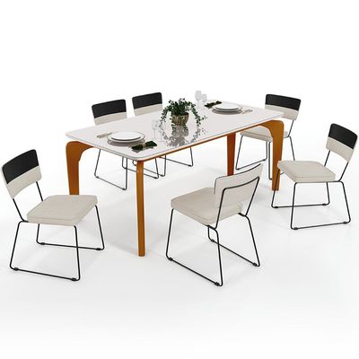 Mesa Capri 160cm Off White Com 6 Cadeiras Allana B05 Faixa Corano Preto Linho Champagne - Lyam Decor