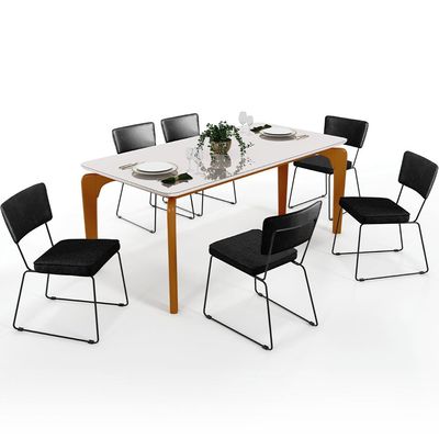 Mesa Capri 160cm Off White Com 6 Cadeiras Allana B05 Couríssimo Preto Linho Chumbo - Lyam Decor