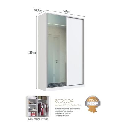 Guarda Roupa Solteiro Branco 147x59,8x235cm 1 Espelho 2 Portas 3 Gavetas RC 2004 Emovell
