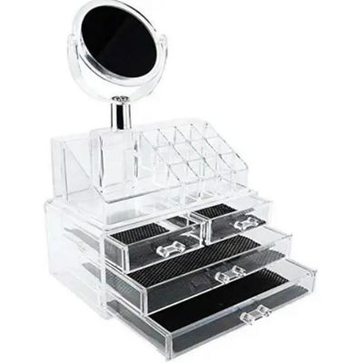 Organizador Cosmeticos 4 Gavetas Maquiagem E Espelho Acrilico Porta Batom Pincel Lapis Joia