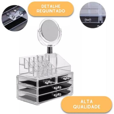 Organizador Cosmeticos 4 Gavetas Maquiagem E Espelho Acrilico Porta Batom Pincel Lapis Joia