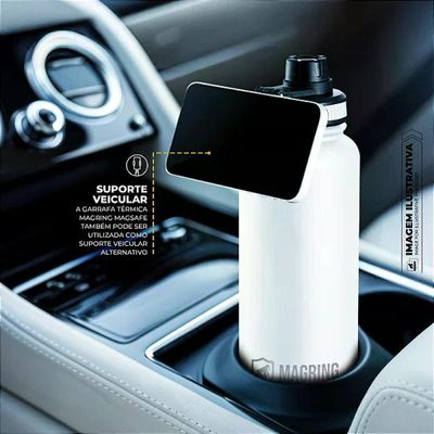 MagRing Garrafa Térmica 540ml Aço Inox com Suporte MagSafe - Mantém Fria 24h Quente 12h - Branca