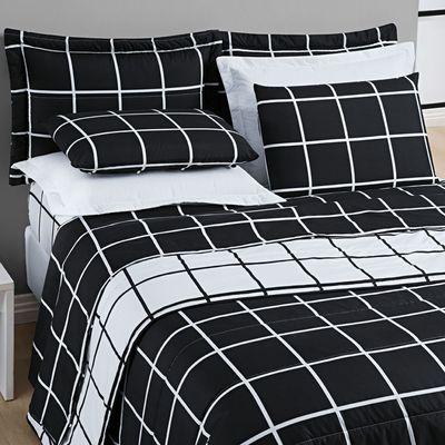Kit Cobre Leito Brooklyn Casal Quadriculado Micropercal 200 Fios 3 Peças - Preto