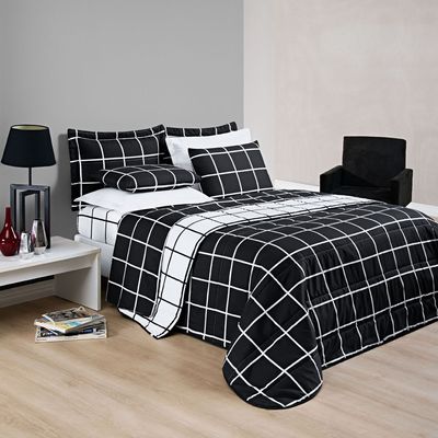 Kit Cobre Leito Brooklyn Casal Quadriculado Micropercal 200 Fios 3 Peças - Preto