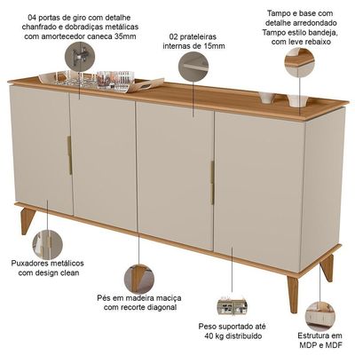 Aparador Buffet Para Sala De Jantar 4 Portas 160cm Dante L05 Jequitibá Off White Fosco - Lyam Decor