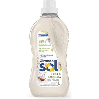 Lava Roupas Girando Sol Coco e Baunilha Perfumado Ação Delicada e Cuidado Roupas de Crianças e Bebês 1L