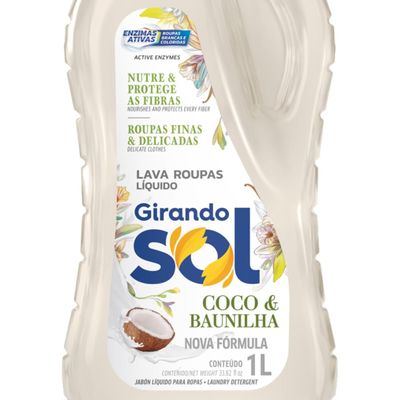 Lava Roupas Girando Sol Coco e Baunilha Perfumado Ação Delicada e Cuidado Roupas de Crianças e Bebês 1L