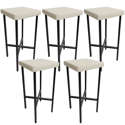 Kit 05 Banquetas Alta Bar Cozinha Sala De Jantar Preto Stella L02 Linho Champagne - Lyam Decor