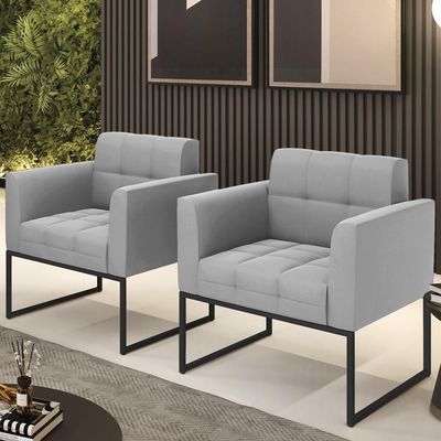Poltrona Base Industrial Preto Kit 2 Ana Suede Cinza - Ibiza