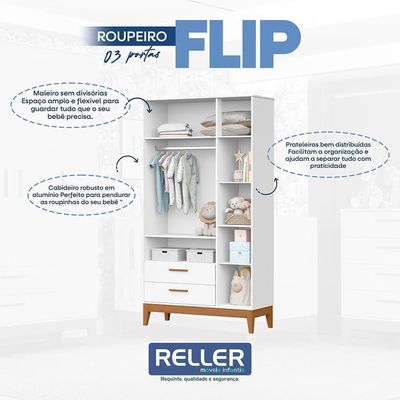 Jogo De Quarto Infantil Flip Guarda Roupa 3 Portas E Berço Americano Branco Fosco - Reller Móveis Branco Fosco