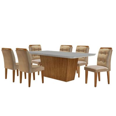Mesa Para Sala De Jantar Aida 180cm Mdf E 6 Cadeiras Moderna Vel. Marrom/off White/imbuia
