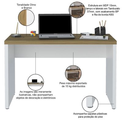 Mesa Para Escritório Escrivaninha Home Office 120cm Orly A02 Olmo Branco - Lyam Decor