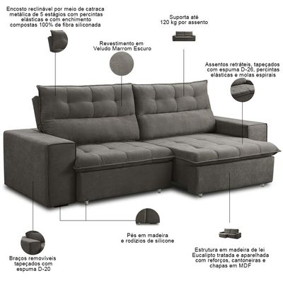 Sofá Retrátil Reclinável Para Sala 3 Lugares 200cm Neruda F04 Veludo Marrom Escuro - Lyam Decor