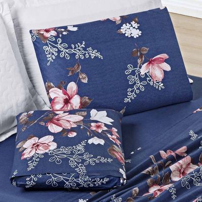 Jogo Cama Lençol Celi Solteiro Micropercal 200 Fios 3 Peças - Azul Marinho Floral