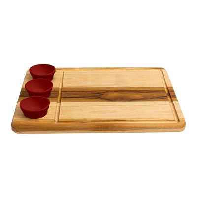 Tábua Retangular Wooden Glow 40x29cm em Madeira Teca com 3 Ramequins Vermelhos