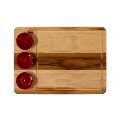 Tábua Retangular Wooden Glow 40x29cm em Madeira Teca com 3 Ramequins Vermelhos