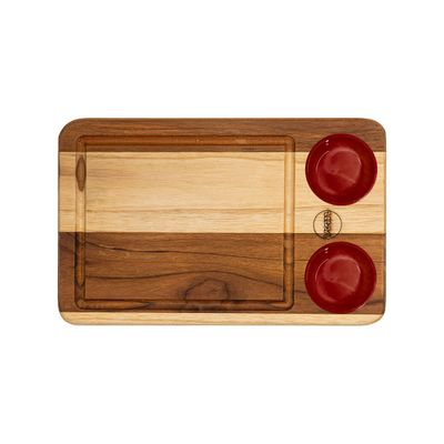 Tábua Retangular Wooden Glow 30x19cm em Madeira Teca com 2 Ramequins Vermelhos
