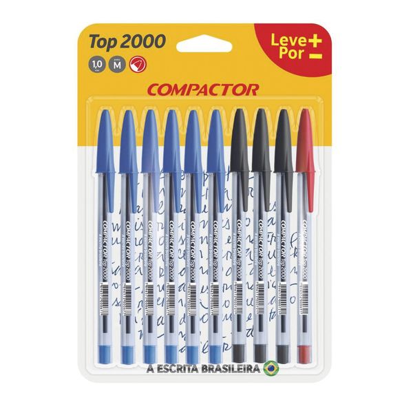 Caneta Esferográfica Compactor Top 2000 1.0mm 3 Cores com 10 Unidades