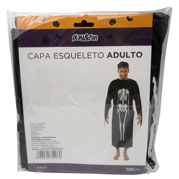 Capa Esqueleto Halloween Play&Fun Adulto 120cm