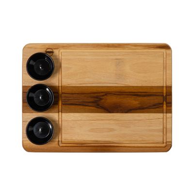 Tábua Retangular Wooden Glow 40x29cm em Madeira Teca com 3 Ramequins Pretos