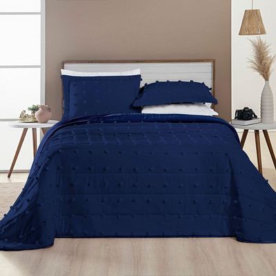 Cobre Leito Colcha King Pompom 3 Peças Marinho- 100% Poliéster