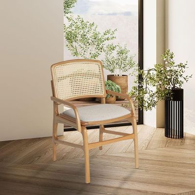 Conjunto 8 Cadeiras De Cozinha Florença Em Madeira Jequitibá Natural Braço Encosto Palha Linho Bege