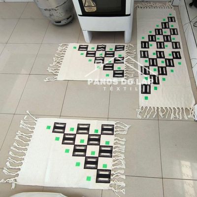 Kit Jogo De Passadeira Tapete De Cozinha Grande 3 Peças Estampado Com Nozinho Tecido Grosso Modelo Blocos Coloridos