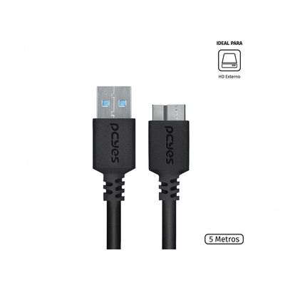 Cabo Para Hd Externo Usb A 3.0 Macho Para Micro Usb B 3.0 (10 Pinos) Macho 28awg Puro Cobre 5 Metros - Puamcm3-5