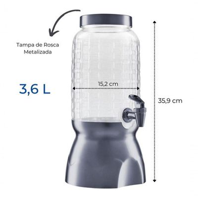 Suqueira Com Torneira E Suporte 3,6lt Wave Luxo Chumbo