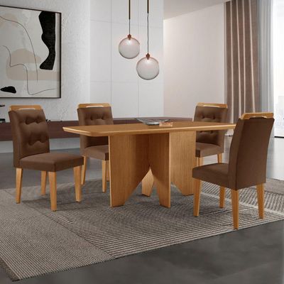 Mesa Evora 120 Mdf Canto Copo E Com 4 Cadeiras Carol Veludo Marrom Naturalle