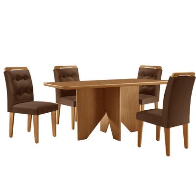 Mesa Evora 120 Mdf Canto Copo E Com 4 Cadeiras Carol Veludo Marrom Naturalle