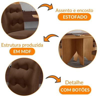 Mesa Evora 120 Mdf Canto Copo E Com 4 Cadeiras Carol Veludo Marrom Naturalle