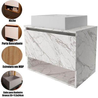 Gabinete De Banheiro 60 Cm 1 Porta Com Cuba Valente Mármore Branco