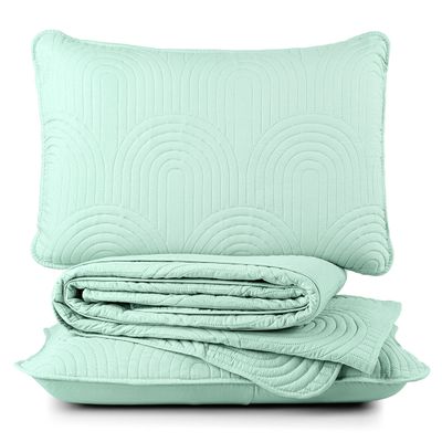 Kit Cobre Leito Colcha Arcos King Dupla Face Matelado 200 Fios 3 Peças Verde