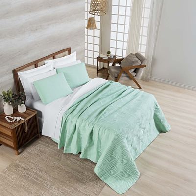 Kit Cobre Leito Colcha Arcos King Dupla Face Matelado 200 Fios 3 Peças Verde
