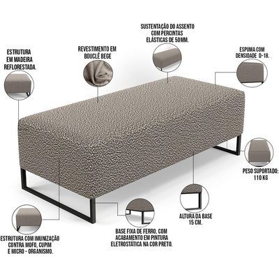 Puff Decorativo Sala de Estar Bali W01 Base Ferro 120x50 cm Bouclê Bege - Lyam Decor