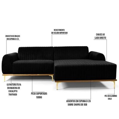 Sofá 5 Lugares Com Chaise Molino 320 Cm Veludo Preto C-300