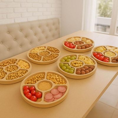 Jogo de 24 Tábuas Petisqueiras Bambu 5 Divisórias 25cm Lyor Round Servir Aperitivos Petiscos Bar