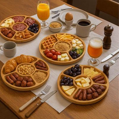 Kit 5 Petisqueiras de Bambu Redonda 5 Divisórias 25cm Lyor Round Aperitivos Tábua Servir Petiscos