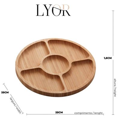 Jogo 10 Petisqueiras Bambu Redonda 25cm Lyor 5 Divisórias Tábua para Aperitivos Frios Restaurante Churrascaria