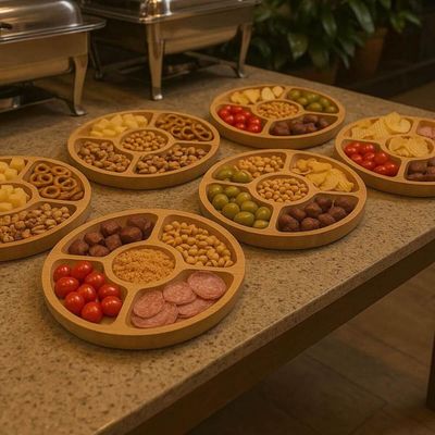 Jogo 10 Petisqueiras Bambu Redonda 25cm Lyor 5 Divisórias Tábua para Aperitivos Frios Restaurante Churrascaria