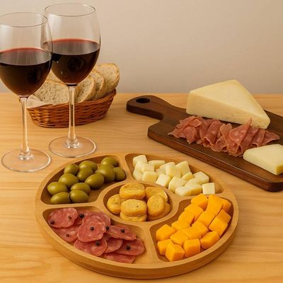 Jogo 10 Petisqueiras Bambu Redonda 25cm Lyor 5 Divisórias Tábua para Aperitivos Frios Restaurante Churrascaria