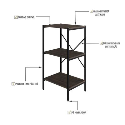 Estante Com 3 Prateleiras 84x45x33cm Tub TUEH843 Nogal Est.preta