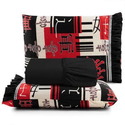 Jogo Cama Lençol Fiore Casal Padrão Estampado 180 Fios 100% Algodão com Babadinho 3 Peças Preto Oriental Japonês