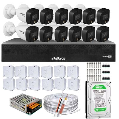 Kit 12 Cameras 1220 Full Color Intelbras Dvr Mhdx 16 Ch Color Noite 500GB