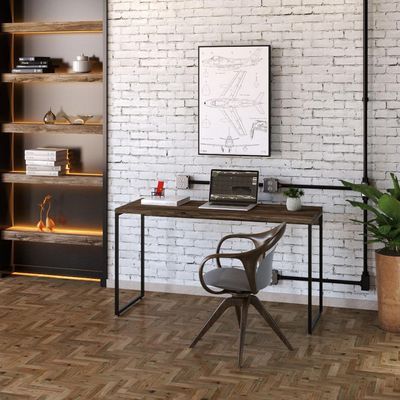 Kit Estante Areta 4 Prateleiras com Mesa Industrial Aspen 135cm C01 Carvalho Dark - Lyam Decor