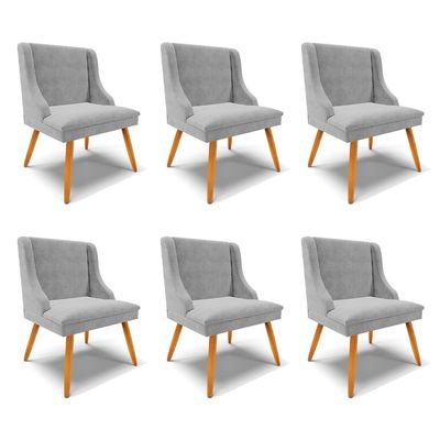 Kit 6 Cadeiras Decorativas Sala de Jantar Pés Palito de Madeira Firenze Suede Cinza/Natural G19 - Gran Belo
